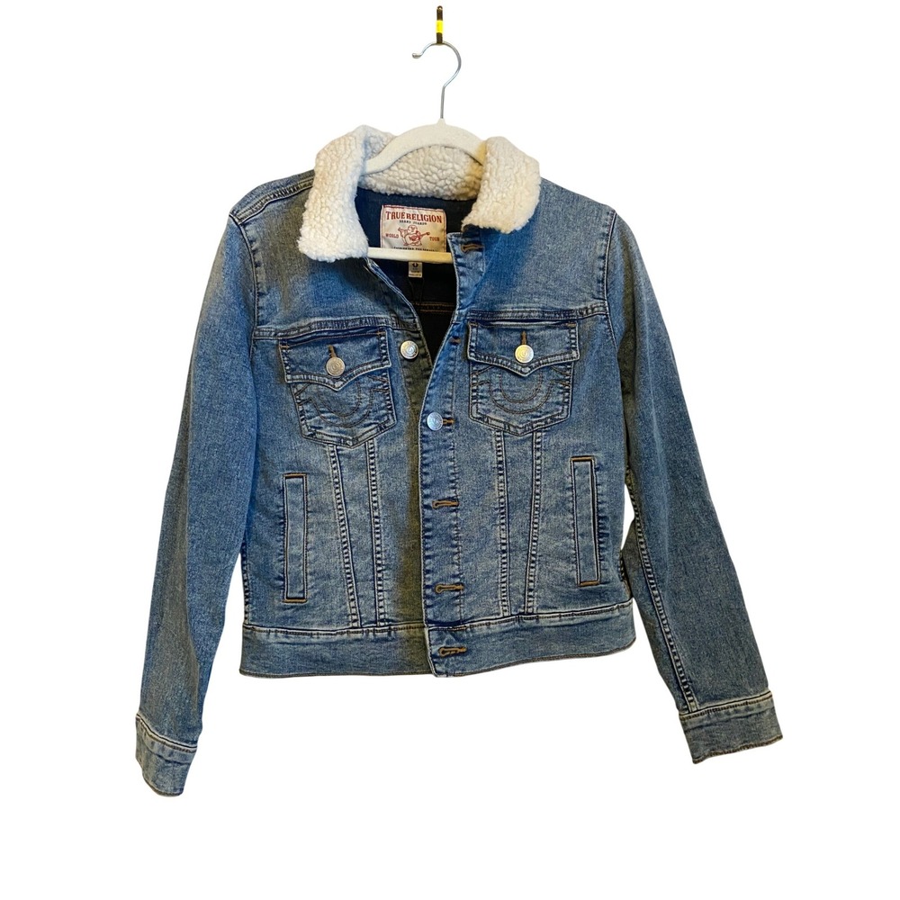 True Religion Sherpa Collar Denim Truckerβ Jacket Size Small Blue